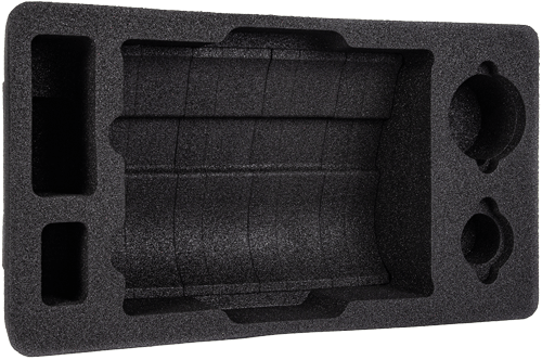 A black custom foam insert with cut out pockets for equipment.