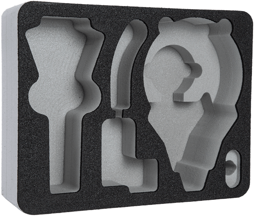 A grey custom foam insert with black cut out pockets for equipment.