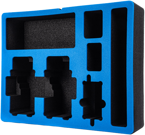 A blue custom foam insert with black cut out pockets for equipment.