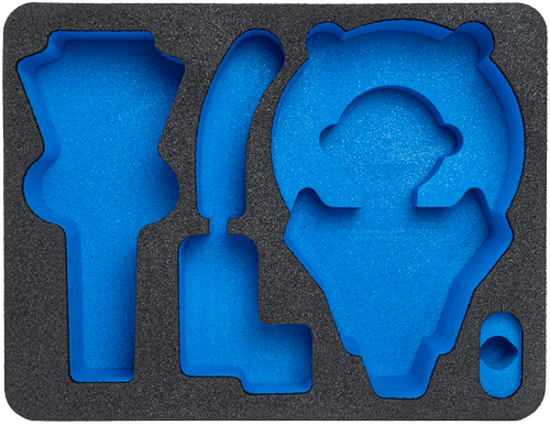 A black custom foam insert with blue cut out pockets for equipment.