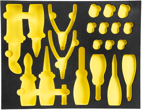 A black custom foam insert with yellow cut out pockets for tools.