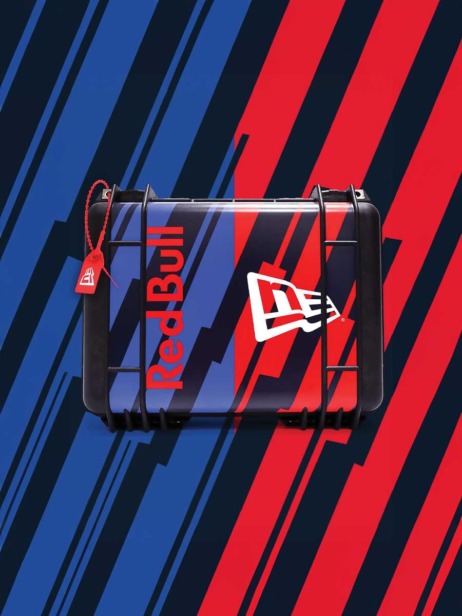 A Peli 1500 case open with eye-catching blue and red Red Bull branded graphics.