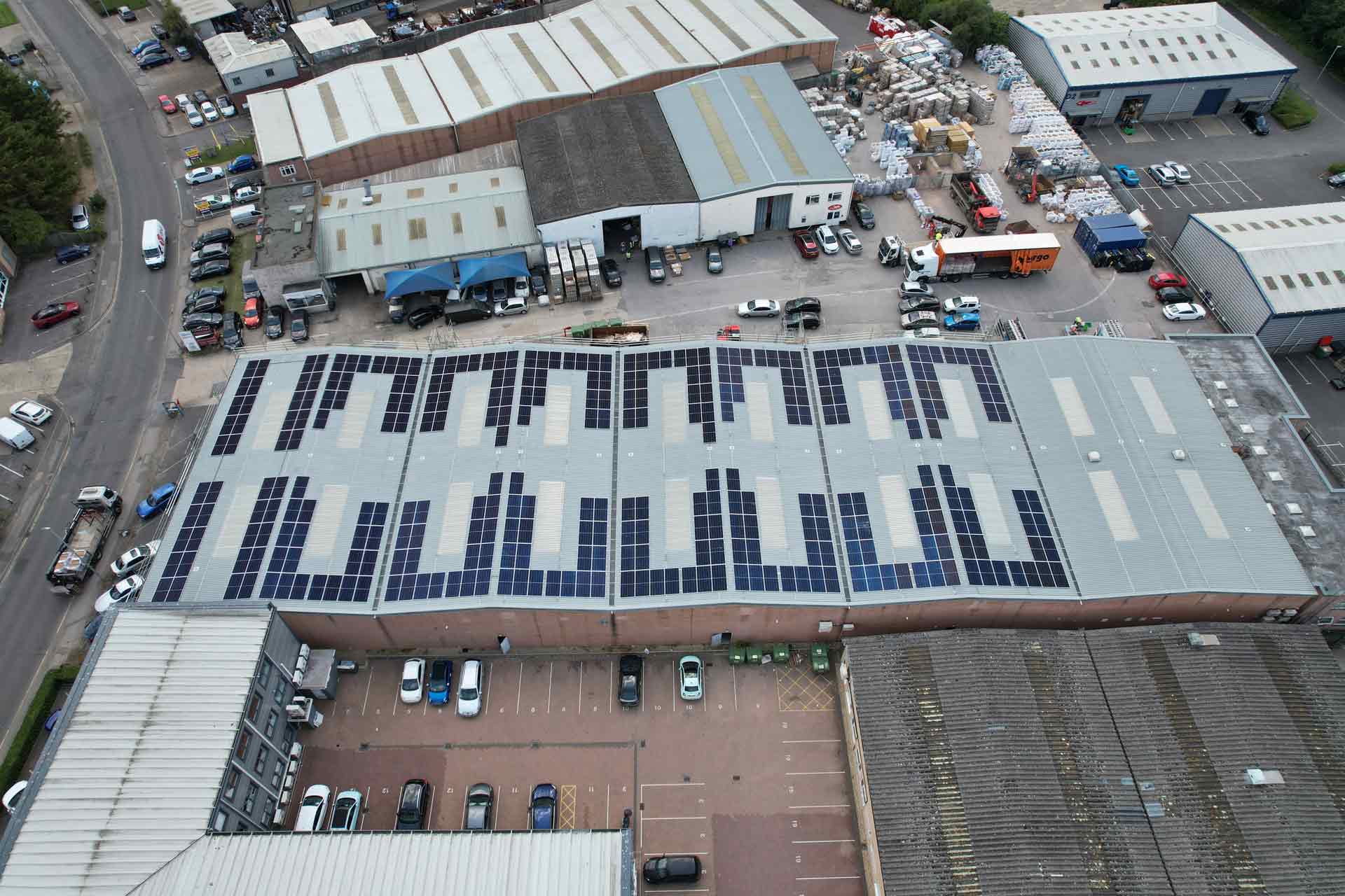 Aerial shot of the MSA Foams Ltd building with new Solar Panel install by Atlantic Renewables.