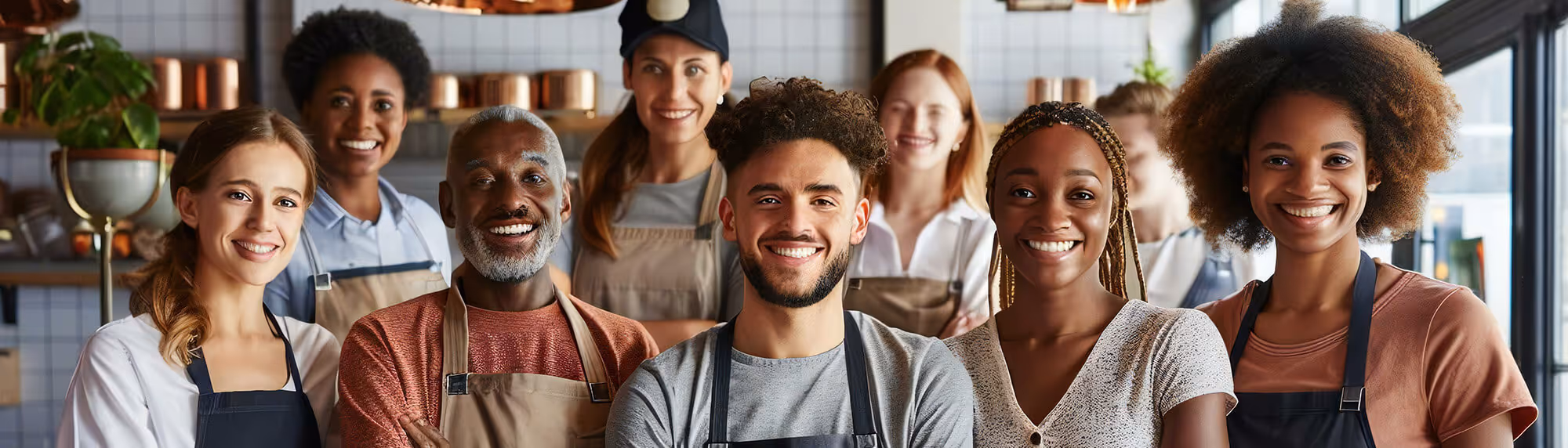 Happy cafe staff posing for a team photo