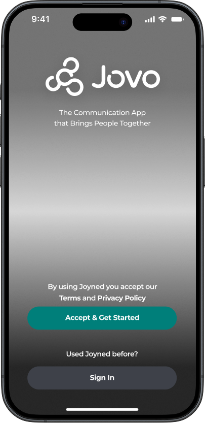 White Jovo logo on a black smart phone screen