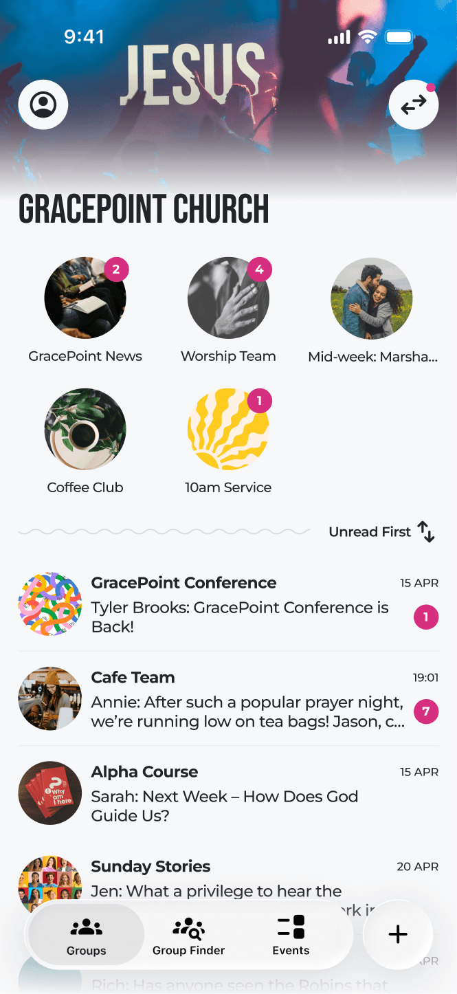 The Jovo mobile app open to a church group conversation