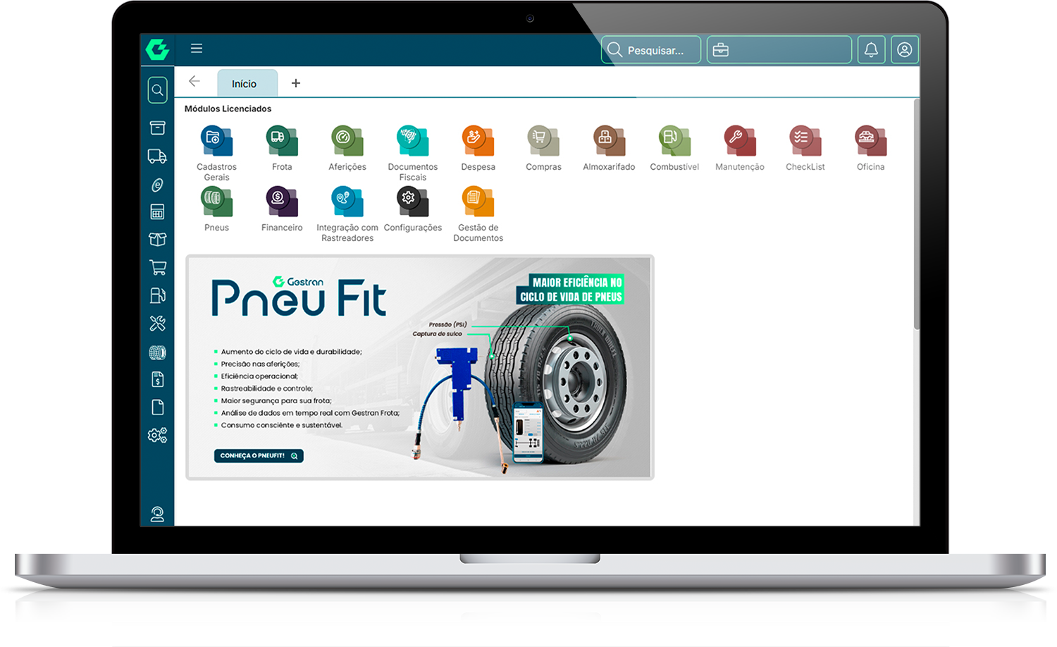 Interface de software em laptop mostrando módulos licenciados como Cadastros Gerais, Frota, Pneus, Financeiro, entre outros, e destaque para Pneu Fit com imagem de pneu, dispositivo de medição de pressão e sulco, e celular exibindo dados.