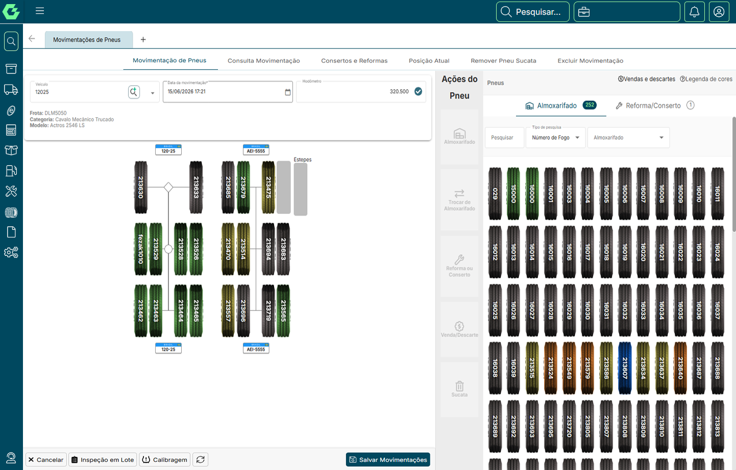 Tela de software exibindo movimentação e estoque de pneus com códigos e visualização gráfica.