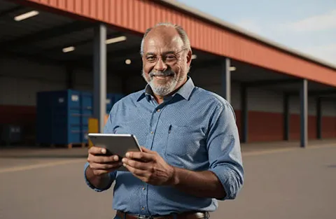 Computador portátil mostrando software de gestão de frota em uma mesa com vários caminhões estacionados ao fundo ao pôr do sol.