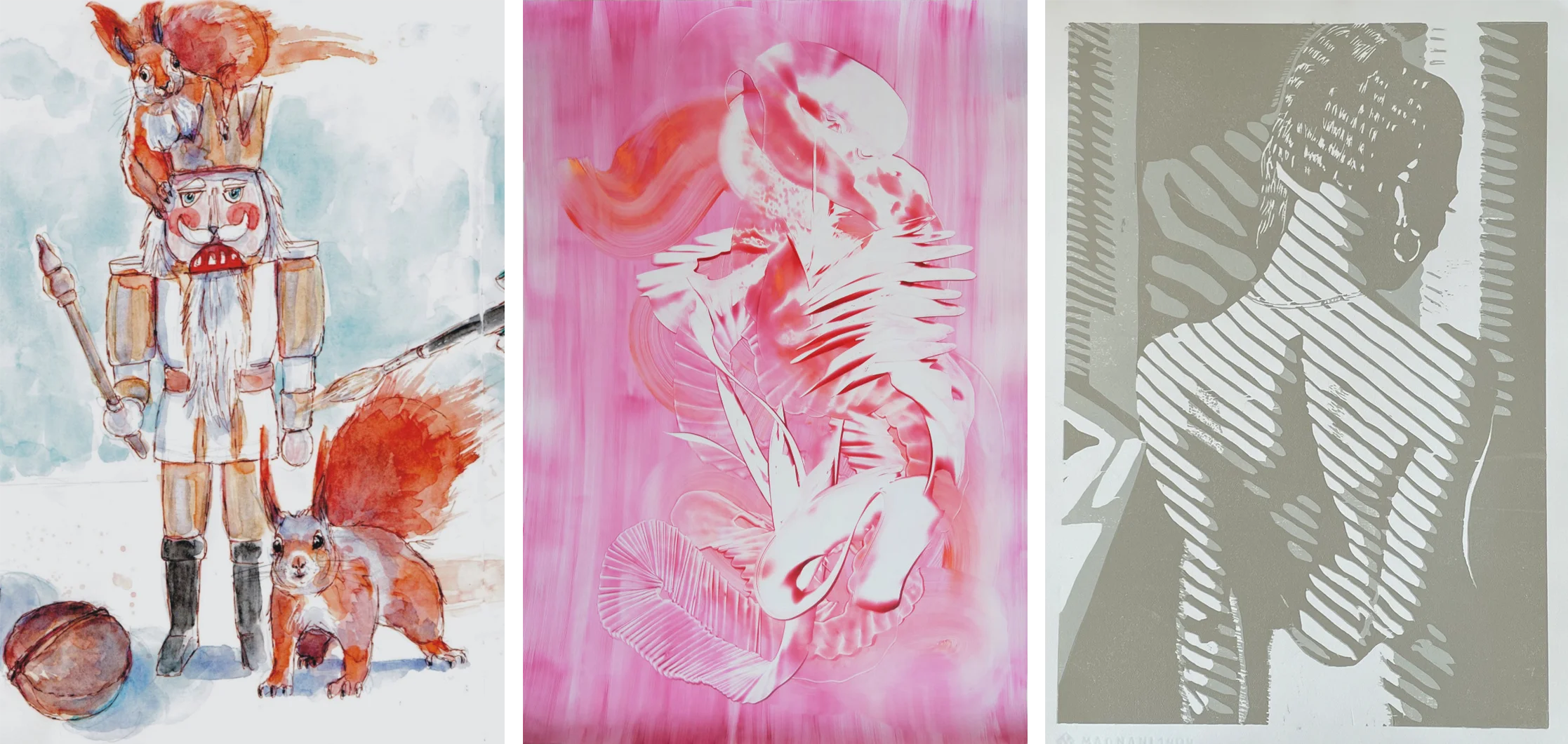 Drei Werke der Künstler Ingrid Margarethe Engelmann (Nussknacker), Katrin Mates (Abstrakt) und Helmut Kleinwechter (Frau von hinten).