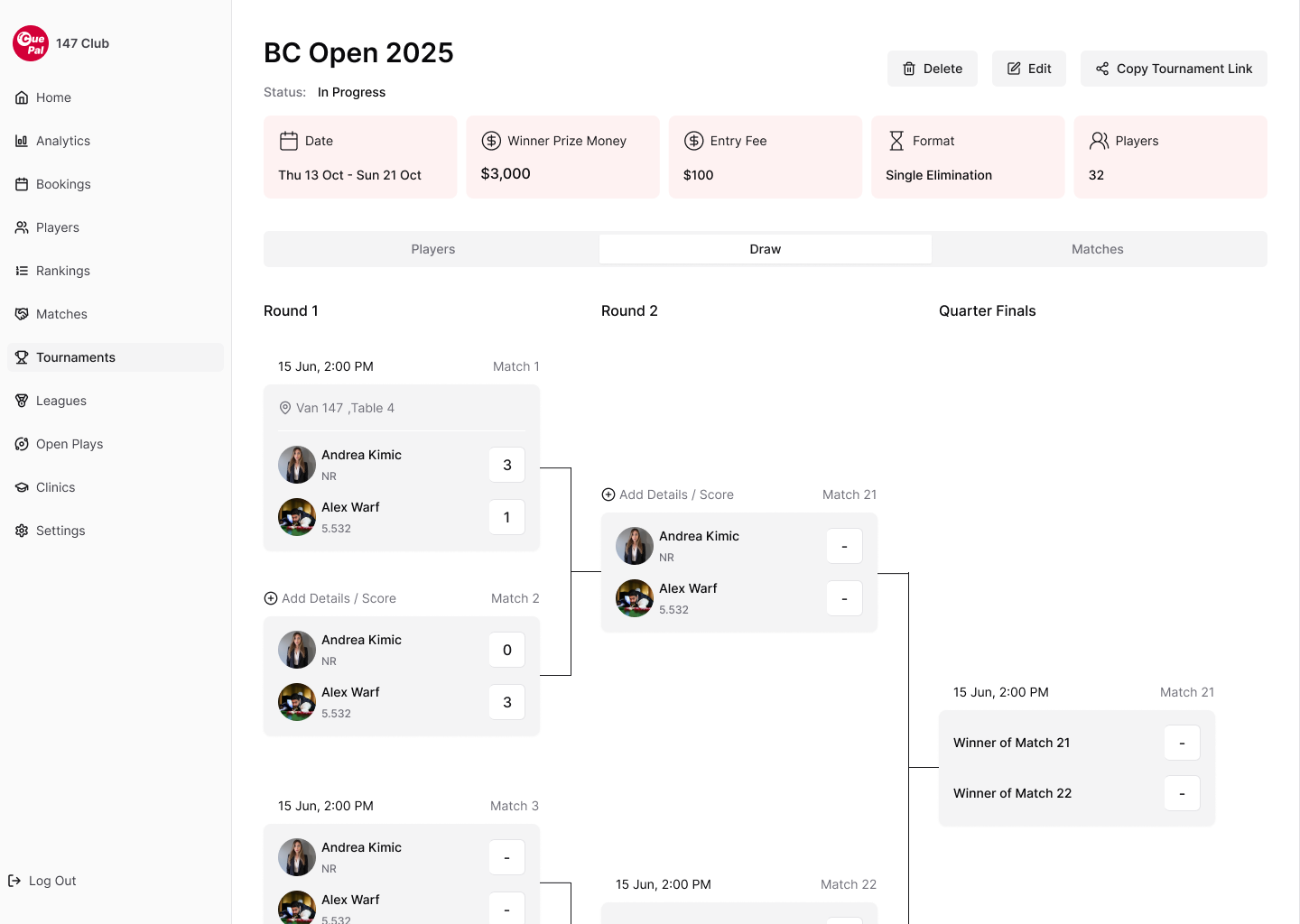 CuePal club dashboard showing an automatically generated single elimination tournament bracket