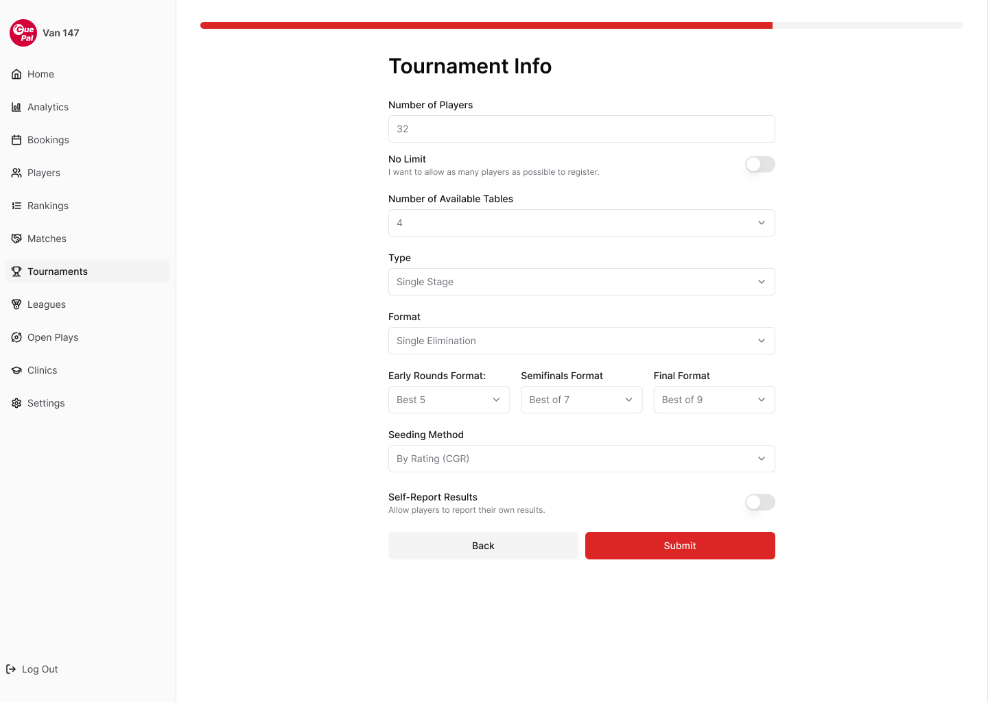 CuePal tournament setup screen with player numbers, format, match lengths and seeding by rating