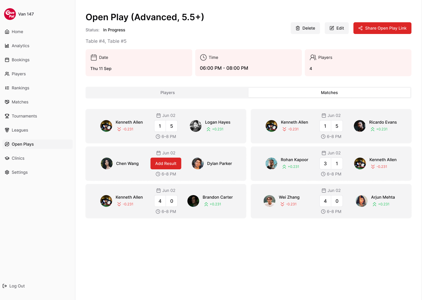 CuePal club dashboard showing an advanced open play session in progress with rotating matches, frame scores and rating changes for each player