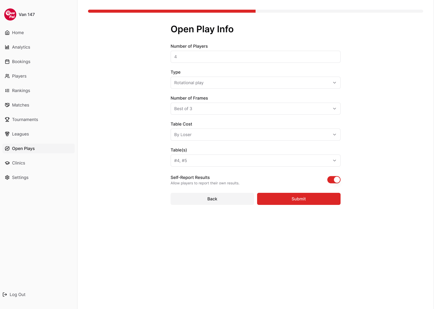 CuePal club dashboard open play setup form with number of players, rotational play type, best of 3 frames, table cost paid by loser, selected tables and a self report results toggle