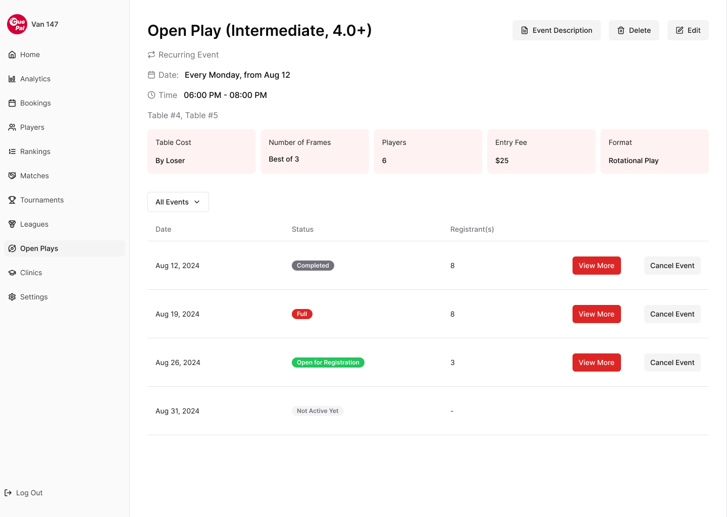 CuePal club dashboard showing a recurring weekly intermediate open play with entry fee, best of 3 rotational format and a list of upcoming dates with registration status