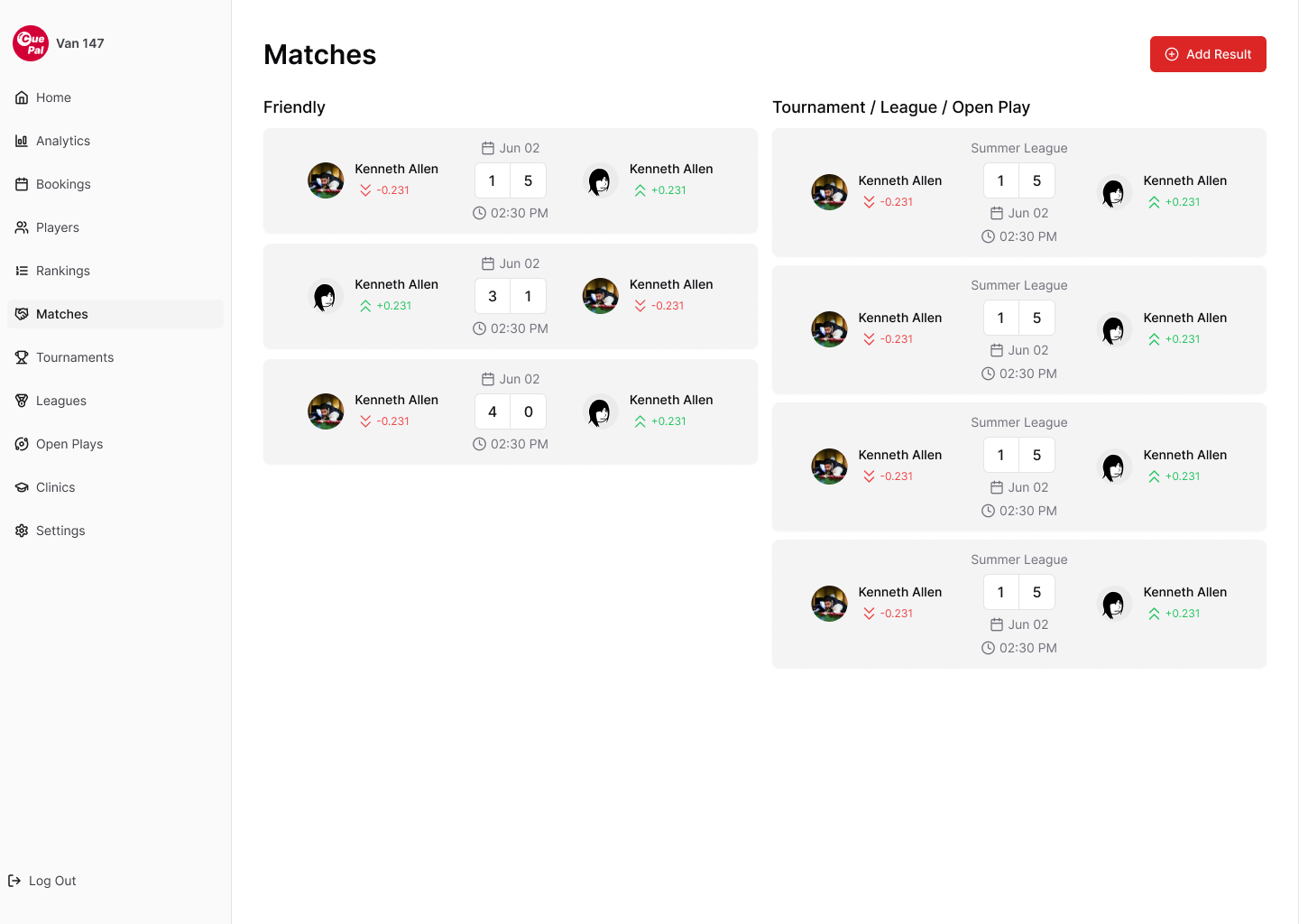 CuePal club dashboard matches screen listing friendly and league frames with each player rating change after the result