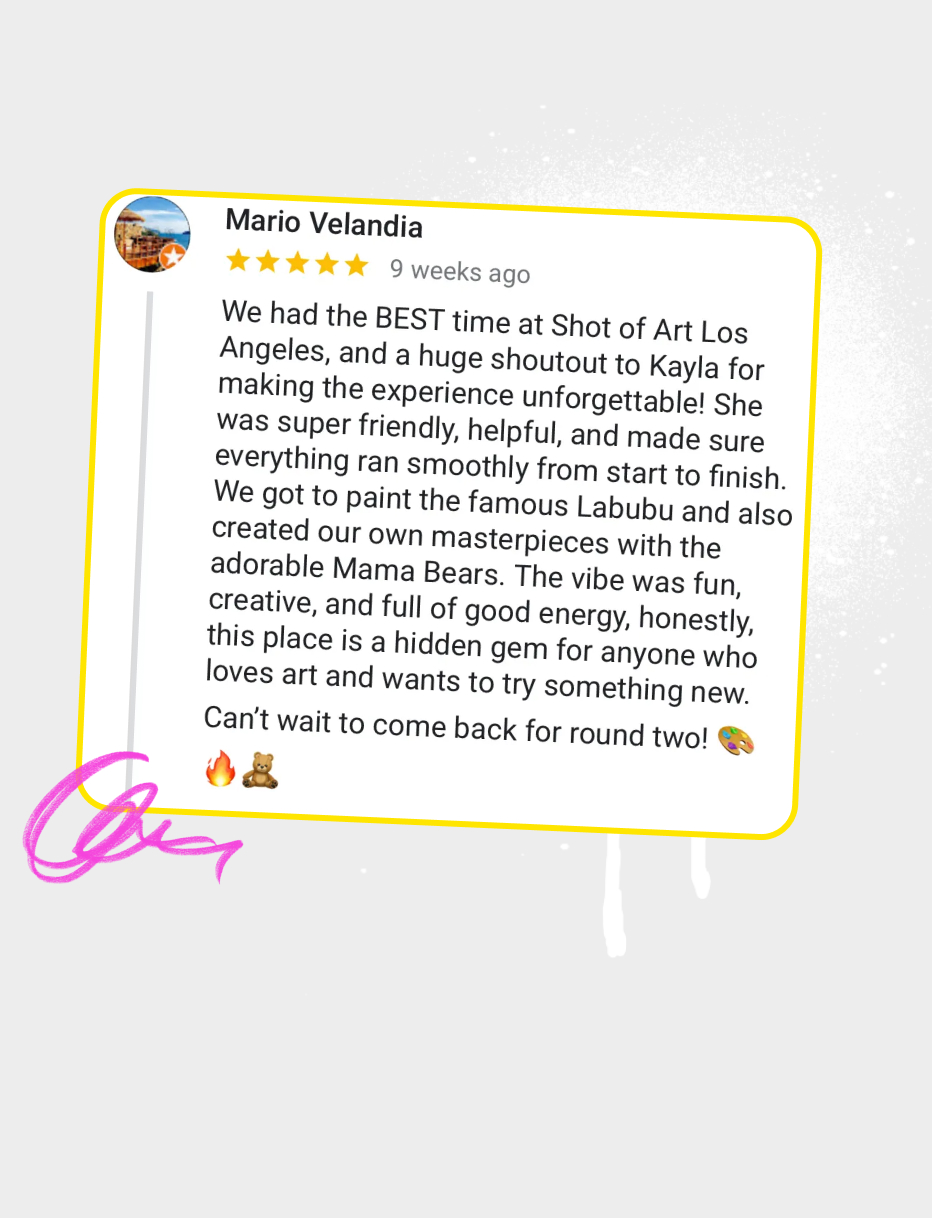 Guests in yellow paint ponchos flashing peace signs during a fun Shot of Art session