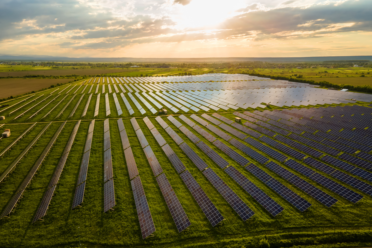 Large solar farm with rows of photovoltaic panels stretching across green fields under a partly cloudy sky at sunset.
