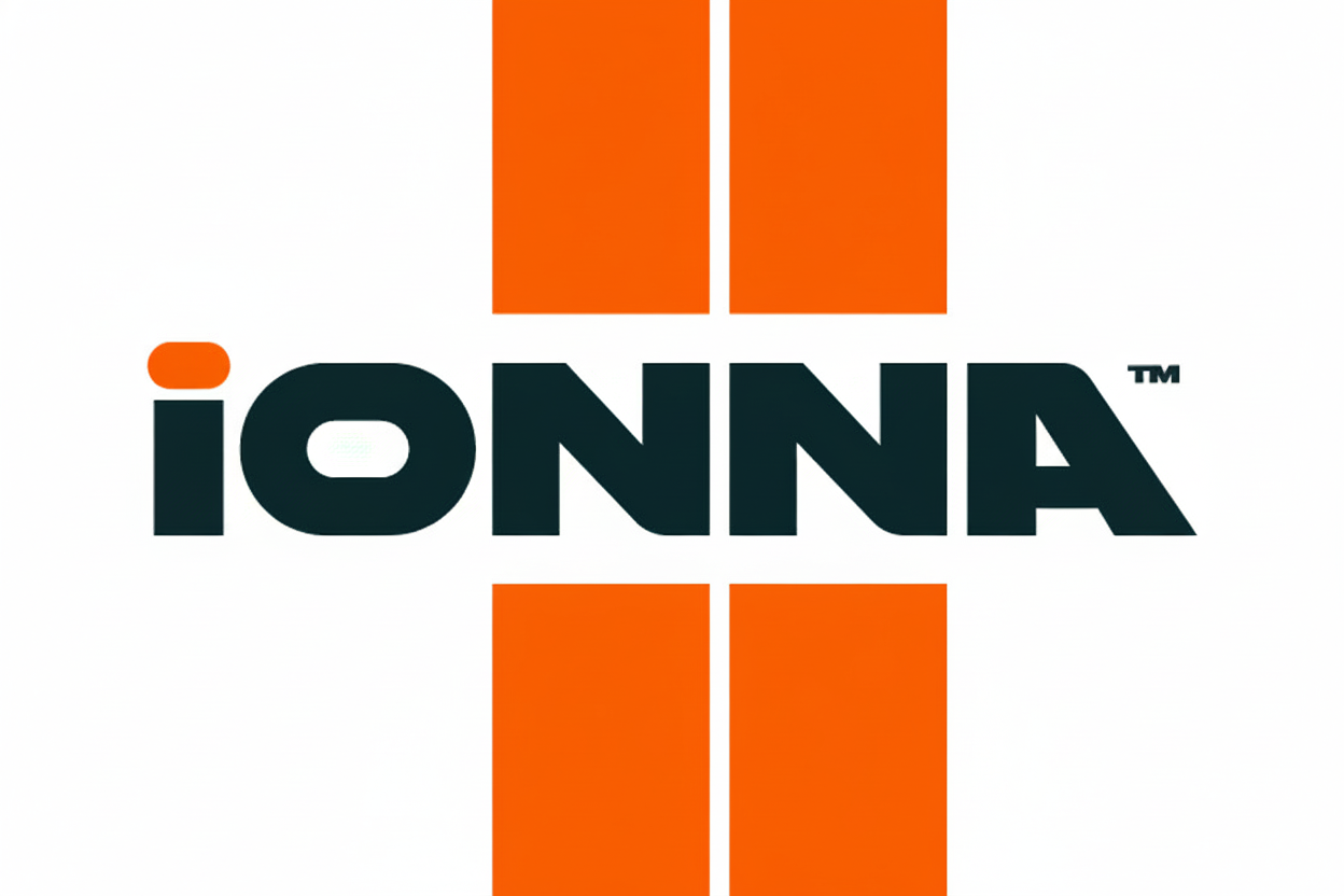 IONNA logo with bold black letters and four orange vertical rectangles forming a cross behind the text.