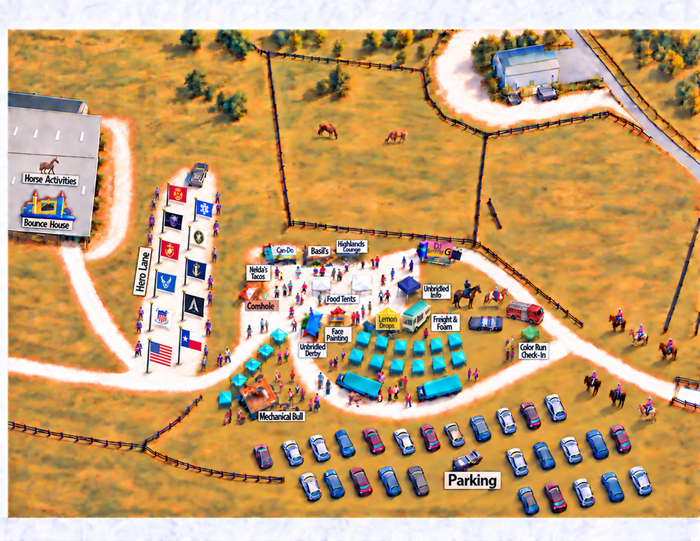 Illustrated map of Community Day: covered arena with horse activities and bounce house on the west, Hero Lane, food trucks and vendor tents in the center, mechanical bull, Color Run check-in on the east, and parking along the south.