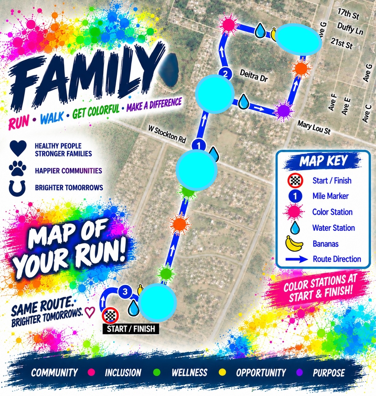 Family 5K Color Run route map: starts and finishes at the Unbridled entrance, heads north across W Stockton Rd, loops past Deitra Dr, Mary Lou St and Ave G, then returns the same way, with mile markers, color stations, water stations and bananas along the route.