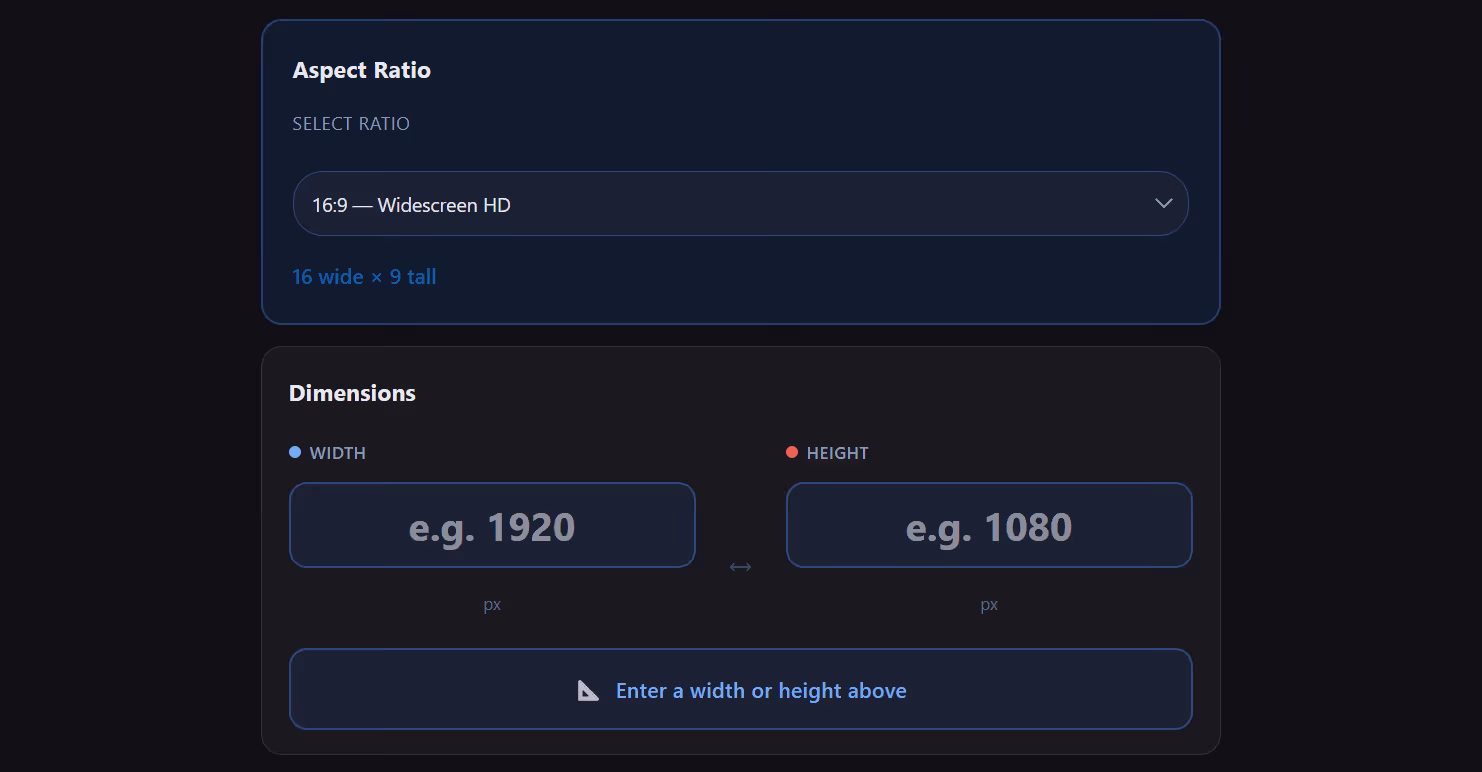 Screen showing aspect ratio set to 16:9 Widescreen HD and input fields for width 1920 and height 1080 pixels.