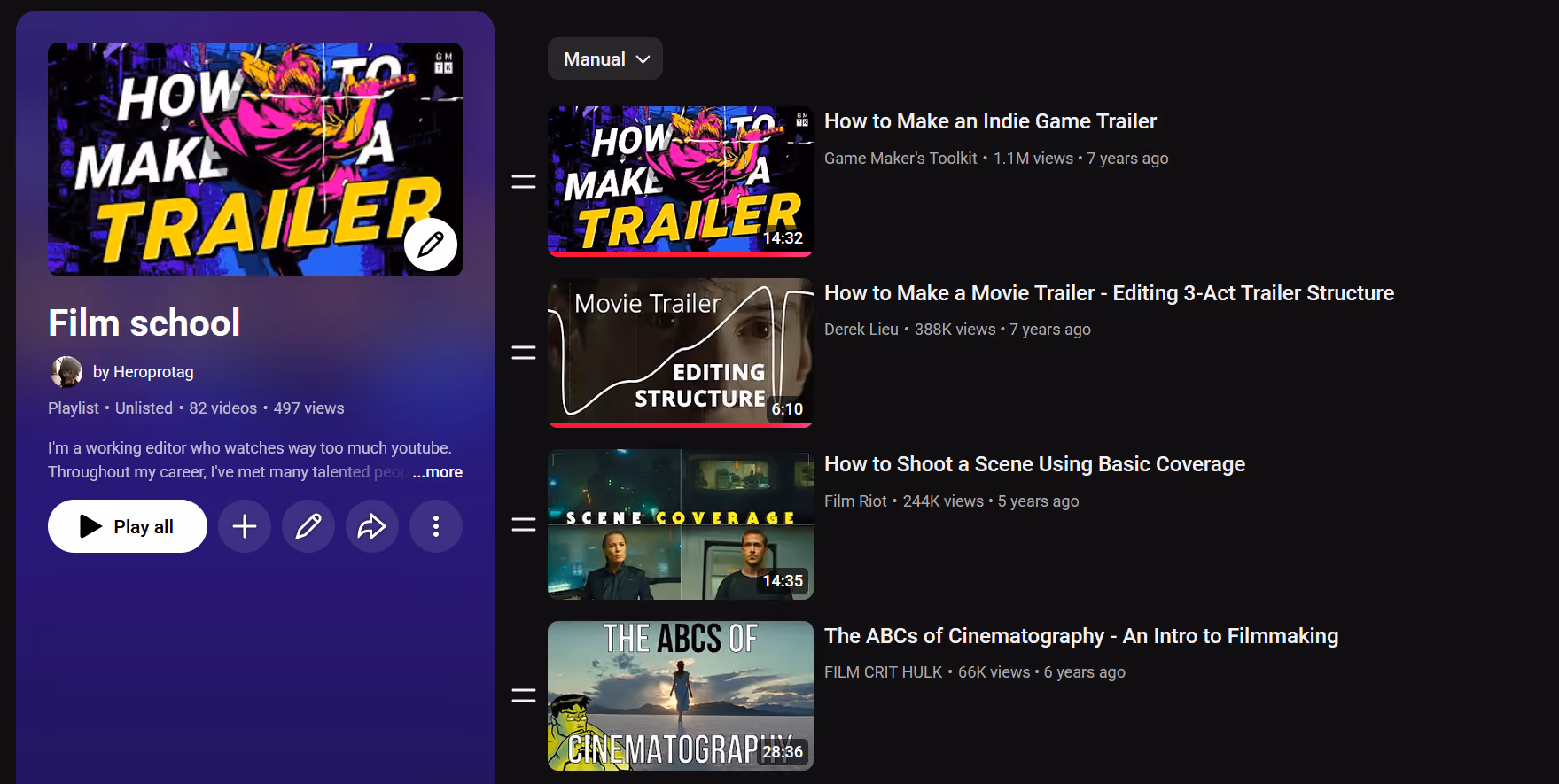 YouTube playlist 'Film school' with four videos on making trailers, scene coverage, and filmmaking basics.