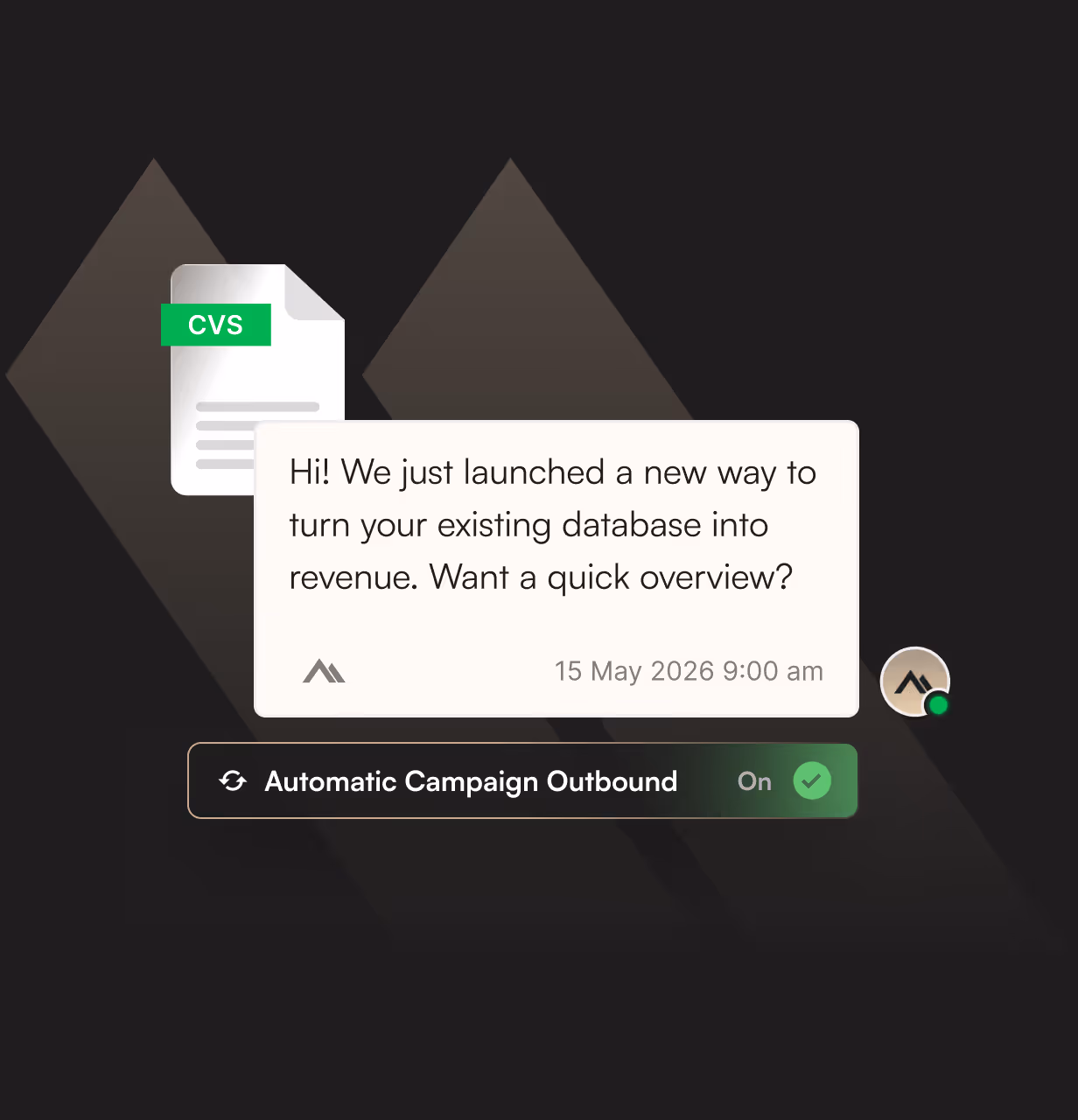 Notification message about launching a new way to turn an existing database into revenue, dated 15 May 2026 9:00 am, with an 'Automatic Campaign Outbound' toggle switched on.