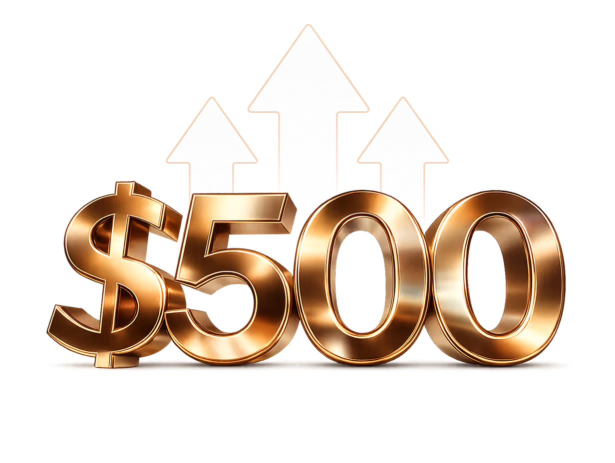 Golden metallic 3D $500 with three upward silver arrows behind it.