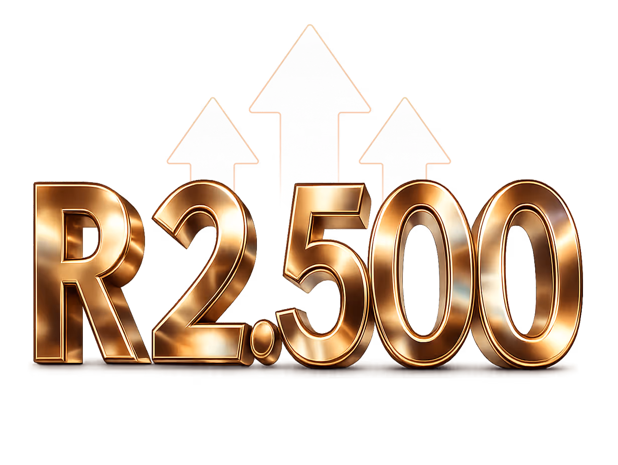 Gold metallic text displaying 'R2,500' with three upward silver arrows behind it, symbolizing an increase.