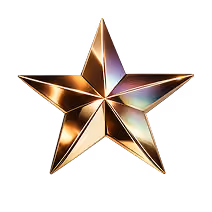 Shiny metallic gold five-point star with reflective surfaces on a black background.