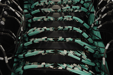 Close-up of organized turquoise network cables connected in a server rack with Dell Technologies logo in the top right corner.