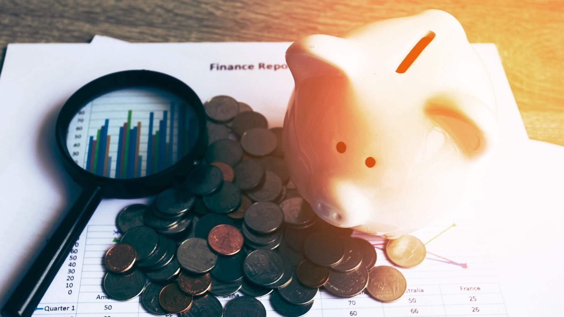 Magnifiying glass, coins and piggy bank