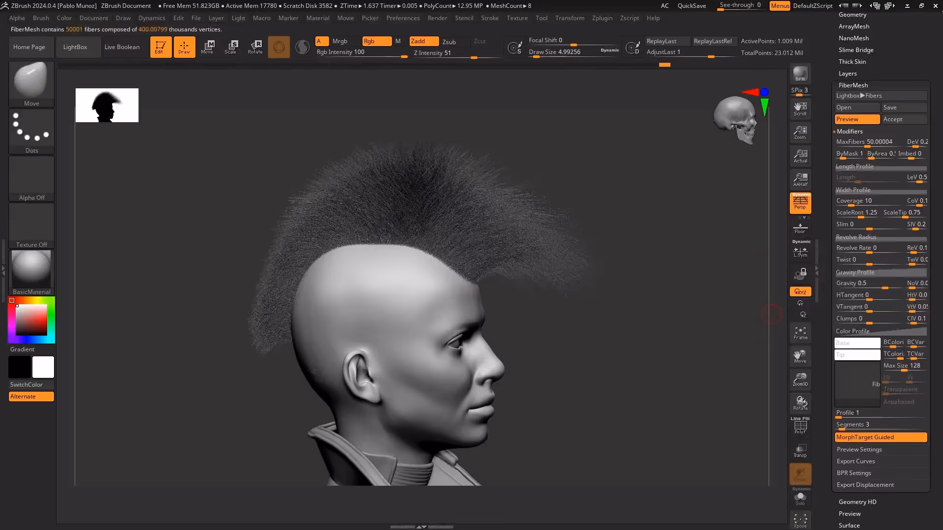 Morph target guided FiberMesh used to create a sculpted Mohawk hairstyle
