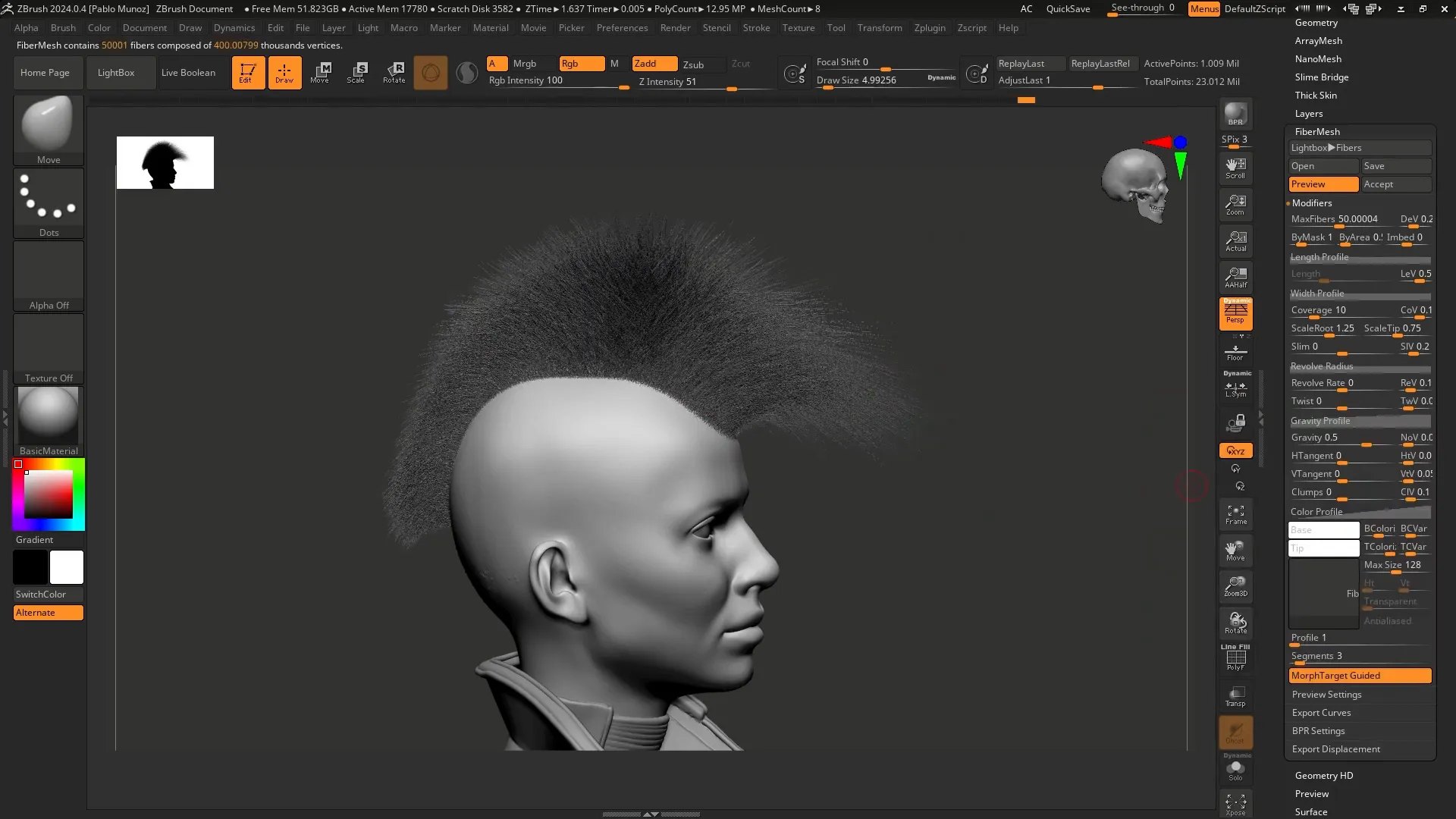 Morph target guided FiberMesh used to create a sculpted Mohawk hairstyle