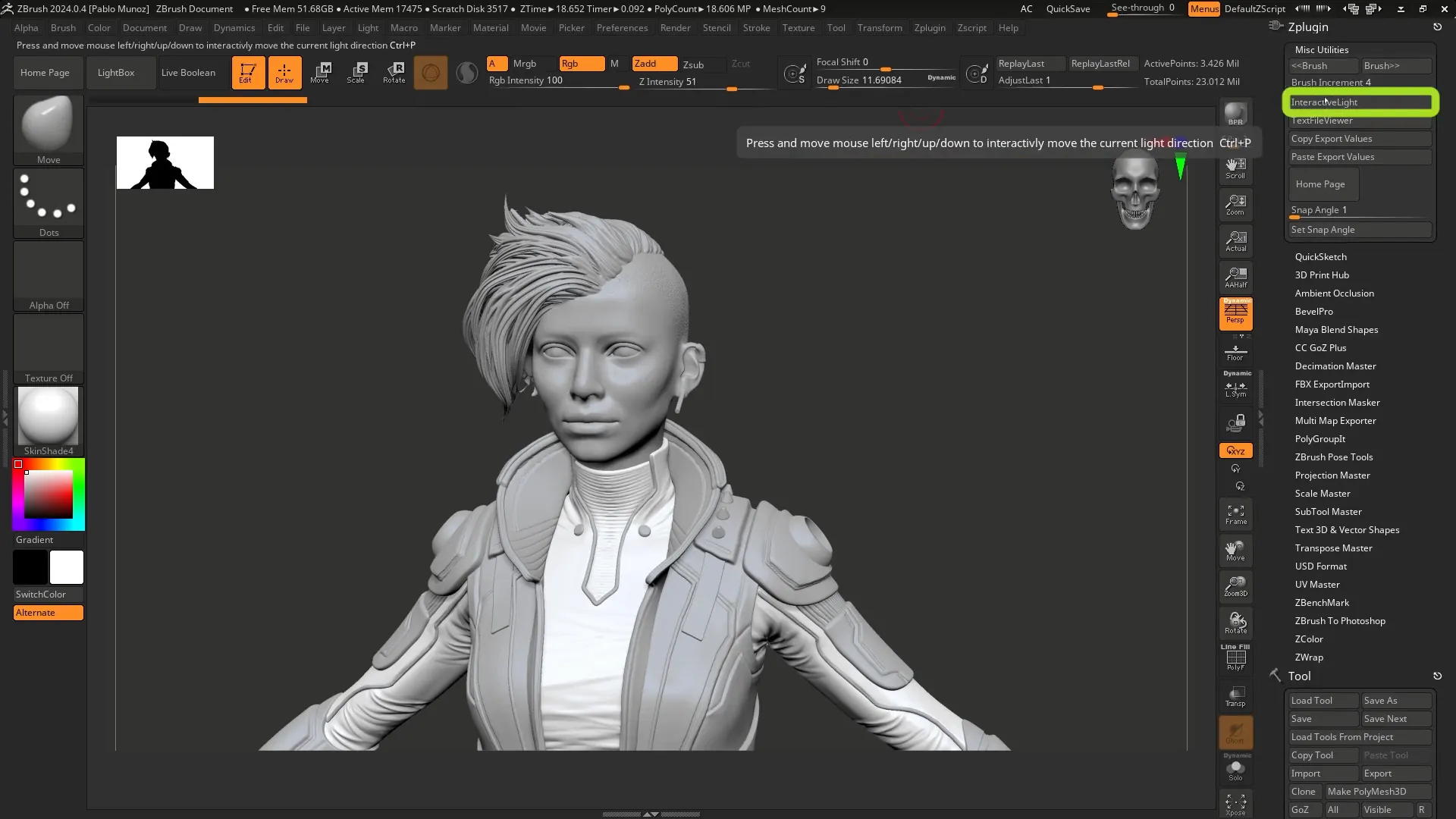 Using the interactive light feature to move light source around a character model
