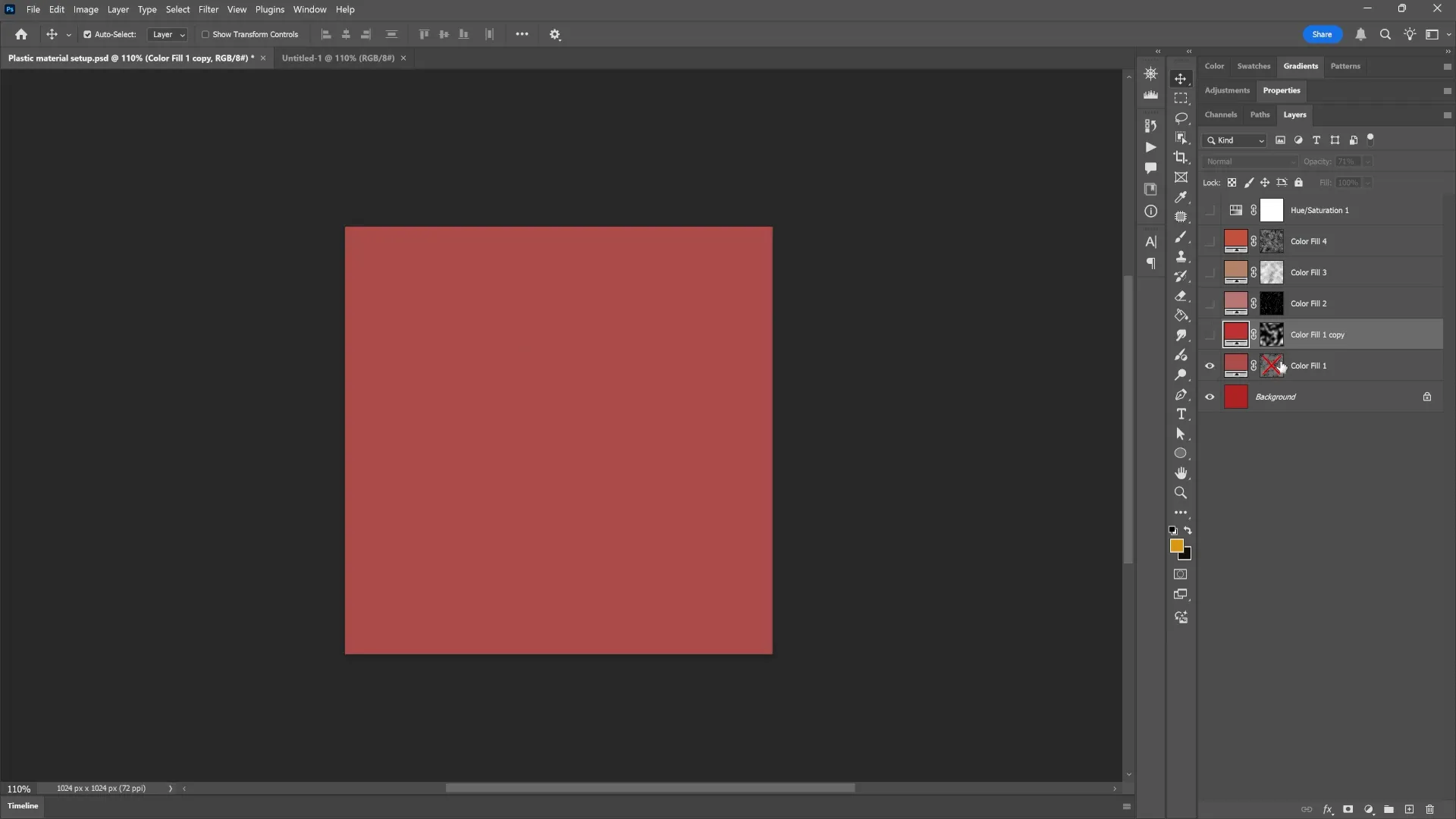 Photoshop layers panel showing multiple fill layers with masks for material details