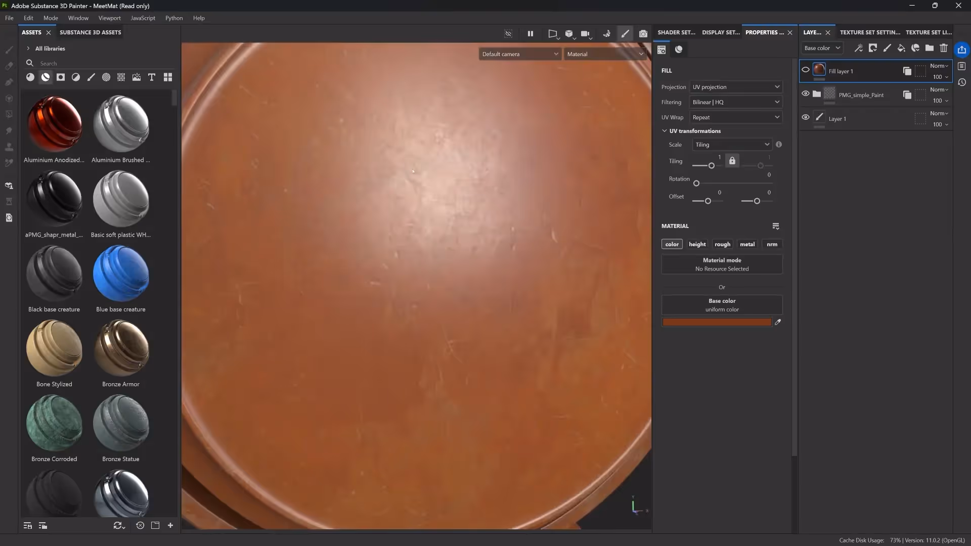 Close-up of terracotta paint material showing detailed dents and scratches in Substance 3D Painter