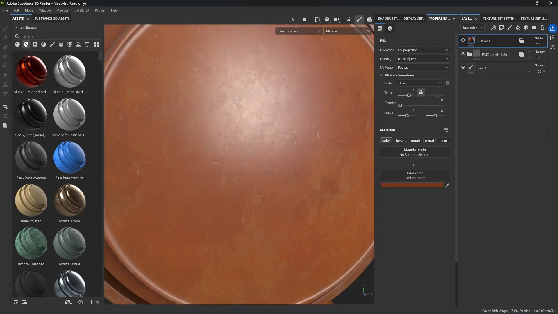 Close-up of terracotta paint material showing detailed dents and scratches in Substance 3D Painter