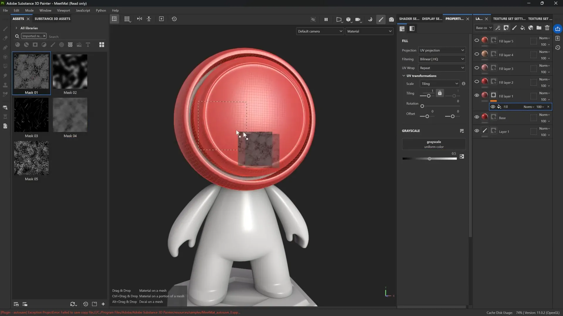 Applying a black mask and adding a fill with the imported grayscale mask in Substance 3D Painter