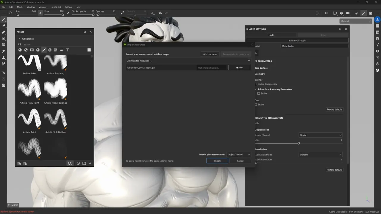 Dragging the Pablander_comic_shader.glsl into Substance Painter asset library