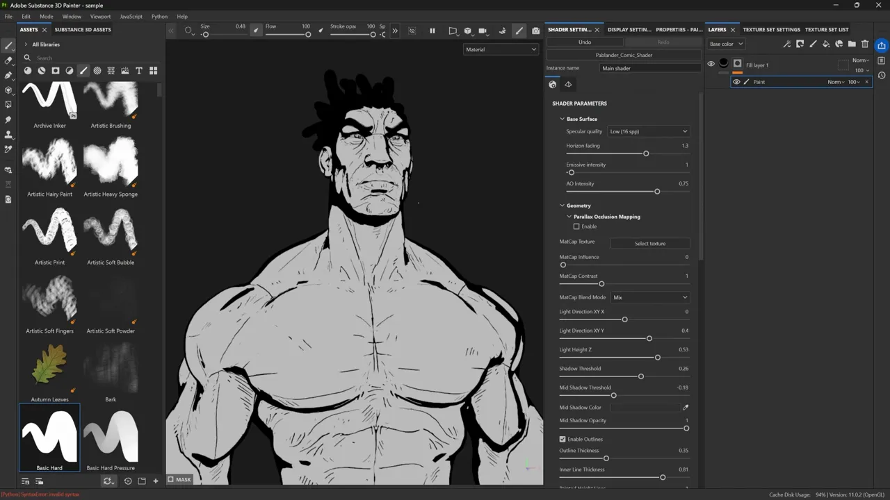 Substance 3D Painter with demo character showing comic shader active
