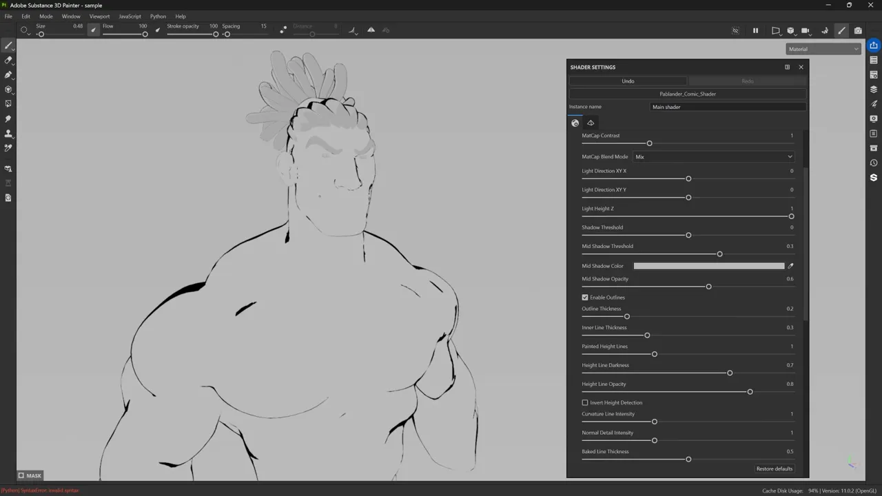 Model with comic shader active showing outlines and inner lines