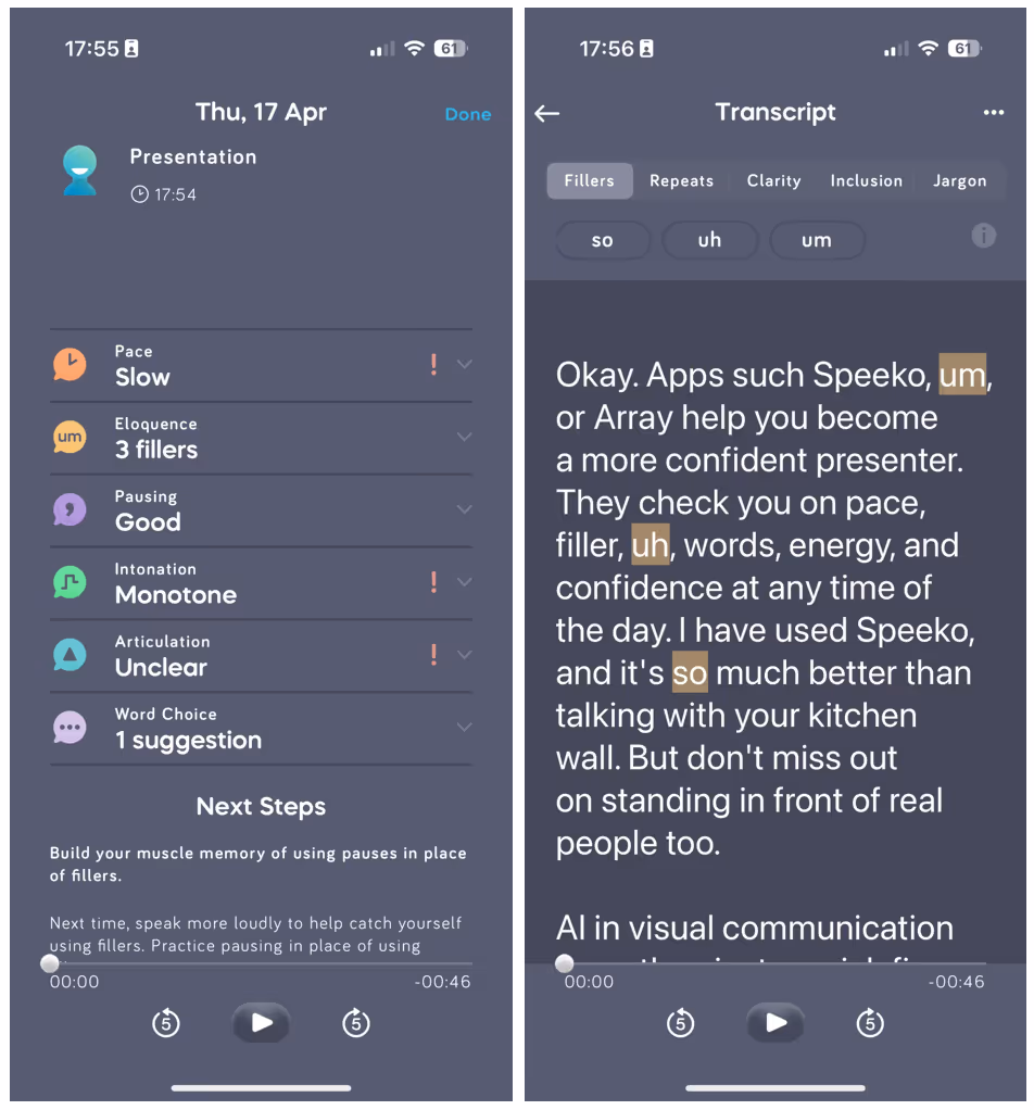 Screenshot of Speeko app highlighting presentation pacing and confidence feedback.