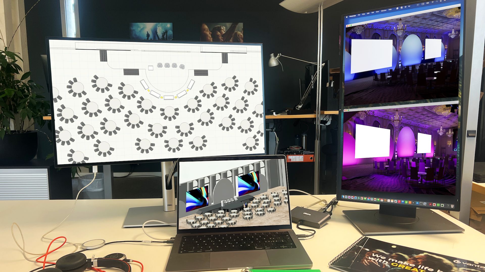 View of desk with three screens showing the plans at different stages