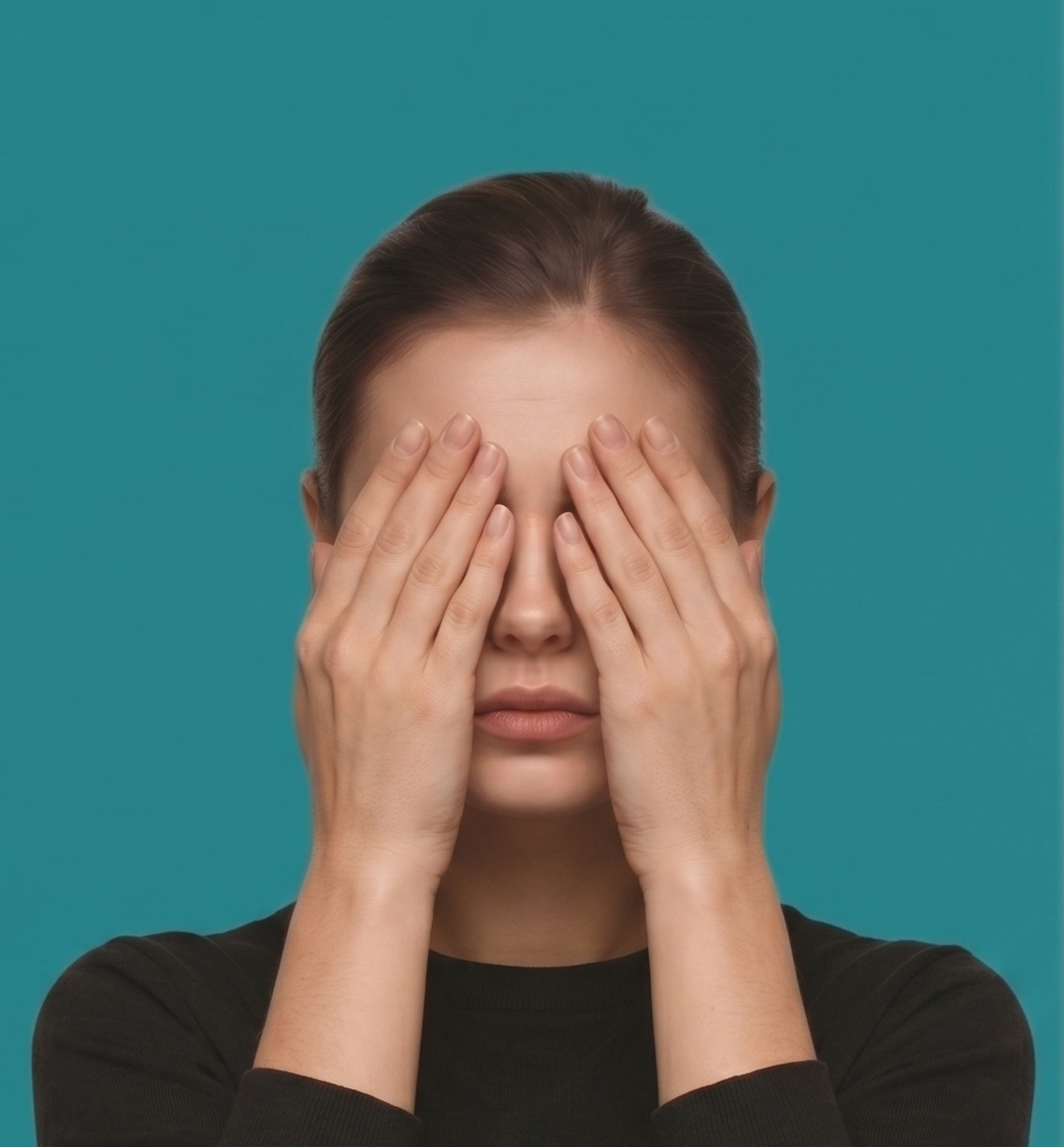 Women covering her eyes against a teal background. Image AI generated.