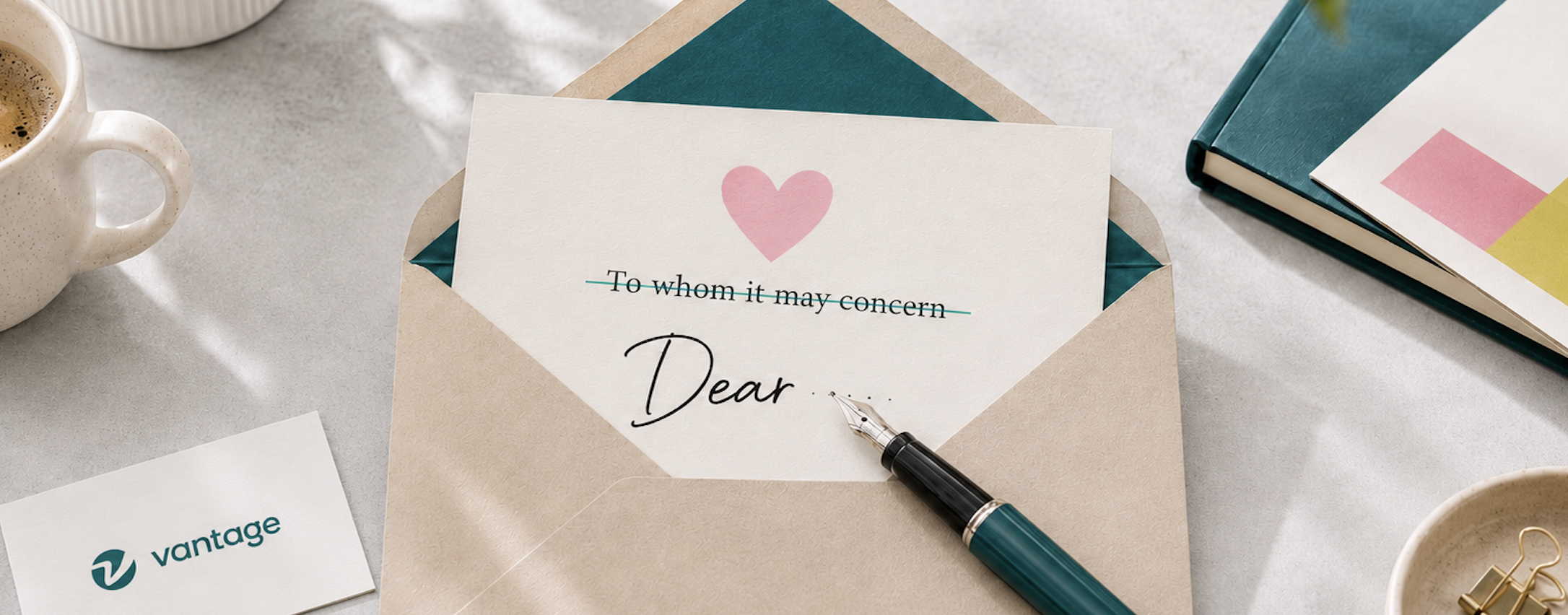 AI generated visual: Unsealed envelope lies open with card featuring a heart and the words "To whom it may concern" crossed out and the word "Dear" written by a fountain pen