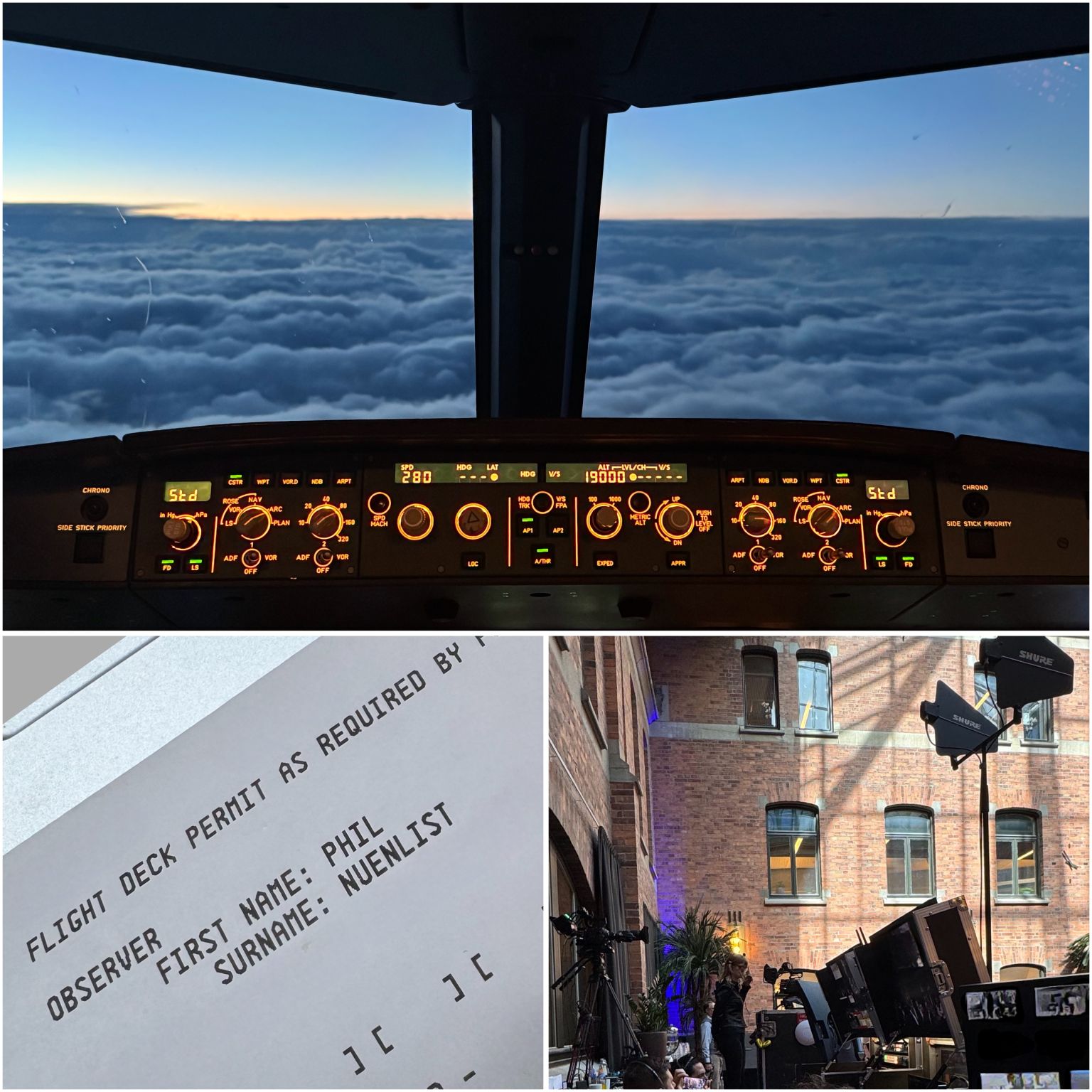 Collage of pictures with the main picture of the view from the cockpit across the clouds and a sunset in the distance. Chit detailing permission to fly in the cockit is the second picture. Third is view from the back of a meeting room in Stockholm with all the cameras and technical equipment to run the event.