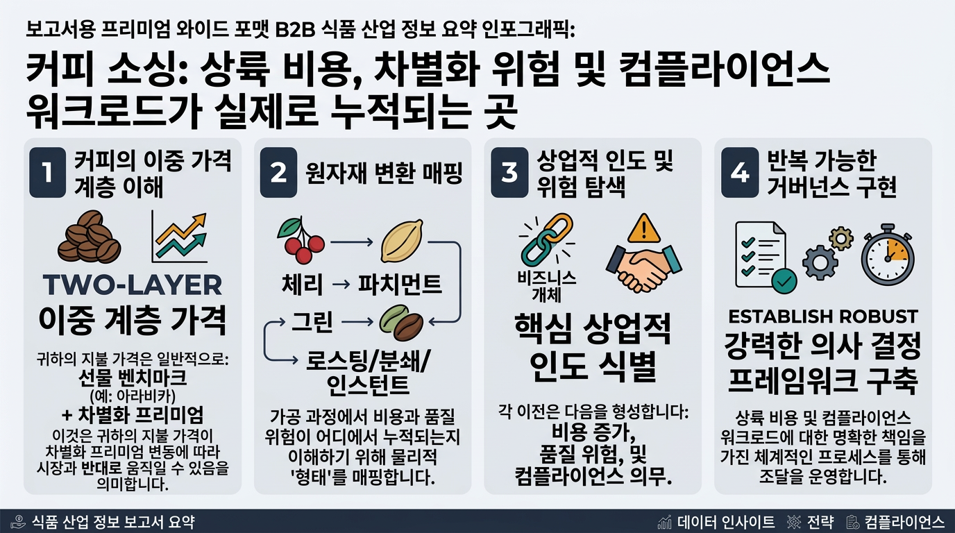 Stacked bar chart showing how a buyer’s paid price builds up from futures benchmark, physical differential, freight and destination handling, finance/carry, and quality/yield impacts, with side-by-side scenarios where futures drop but differentials/logistics rise, keeping total paid price flat or higher; includes callouts defining differential as a pressure valve and noting market down does not equal your cost down.