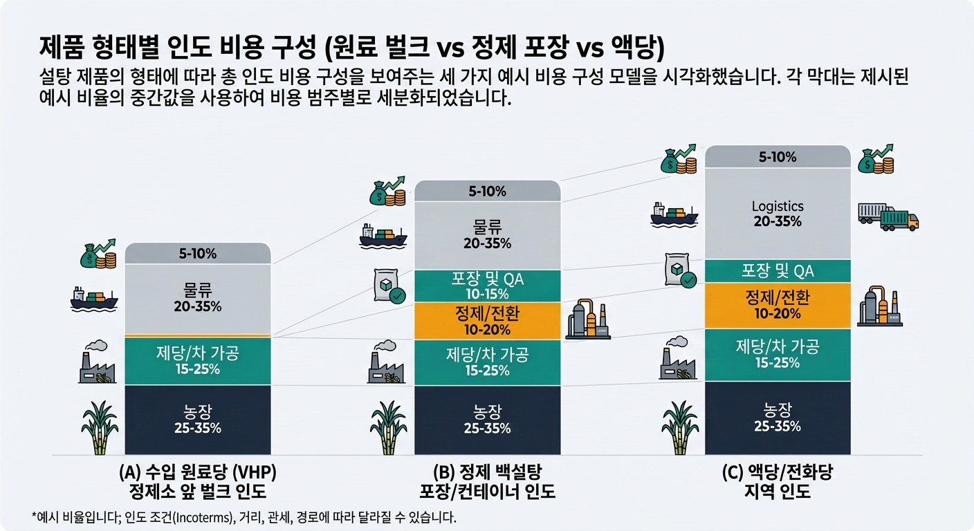 Comparative stacked bar chart showing delivered cost build by product form: raw bulk VHP, refined bagged/container, and liquid sugar/invert, segmented into farm, milling/primary, refining/conversion, packaging & QA, logistics & distribution, and trader/distributor margin & financing, with illustrative ratio ranges and a footnote that ratios vary by incoterms, distance, duties, and route.